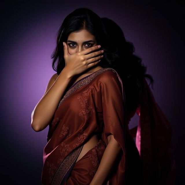 An intriguing and sensual portrayal featuring a sexy woman in a richly decorated saree, her hand forcefully smothering another woman in a saree from behind