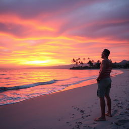 A serene beach landscape at sunset, with vibrant orange, purple, and pink skies reflecting on the calm water