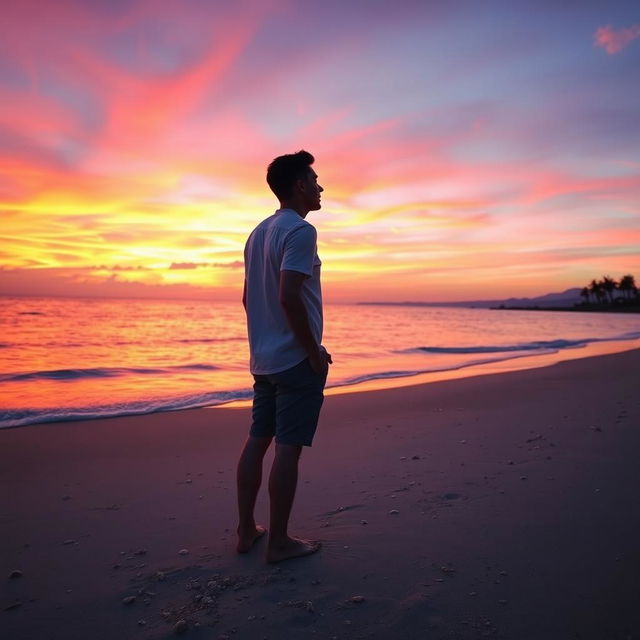 A serene beach landscape at sunset, with vibrant orange, purple, and pink skies reflecting on the calm water