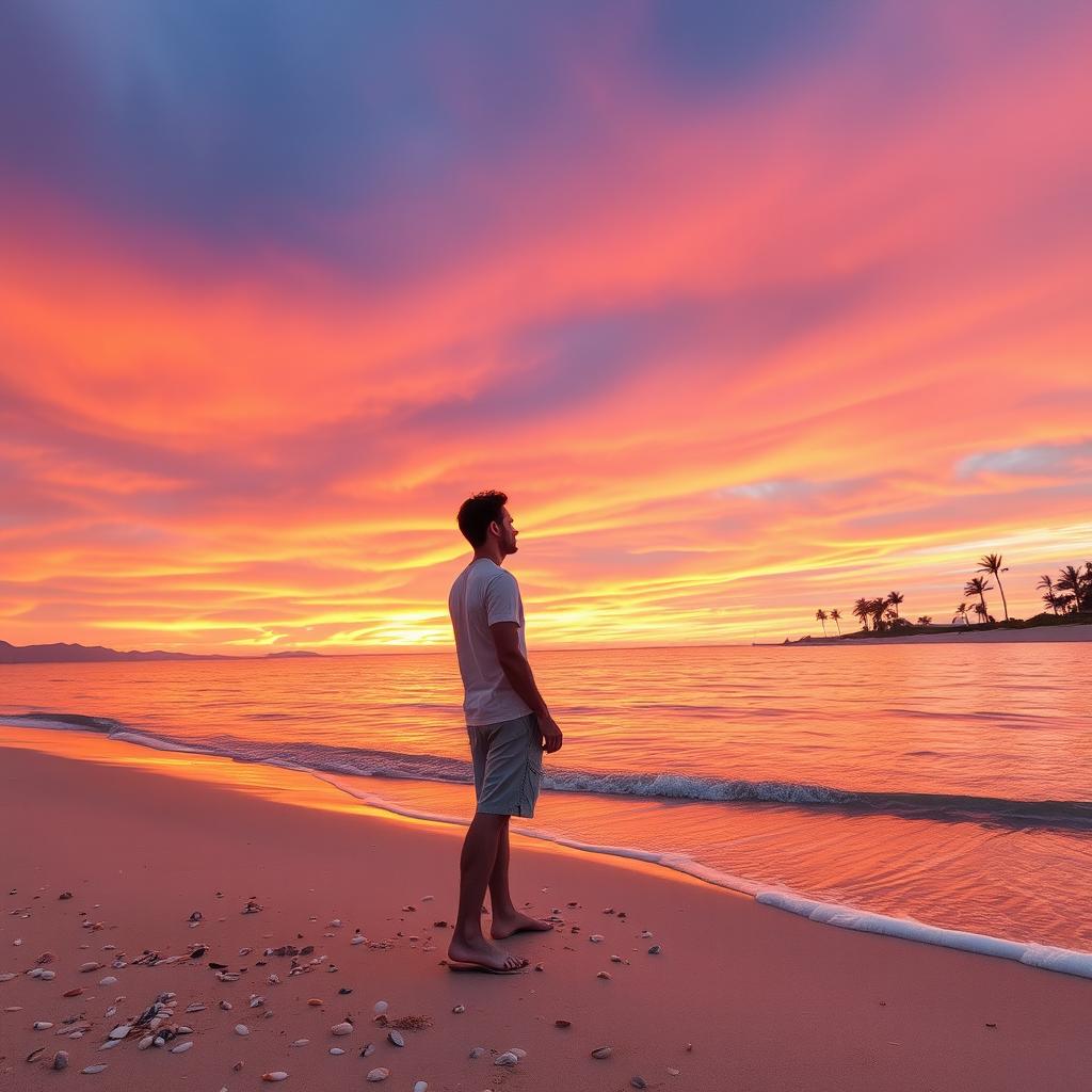 A serene beach landscape at sunset, with vibrant orange, purple, and pink skies reflecting on the calm water