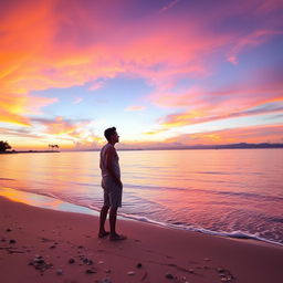A serene beach landscape at sunset, with vibrant orange, purple, and pink skies reflecting on the calm water