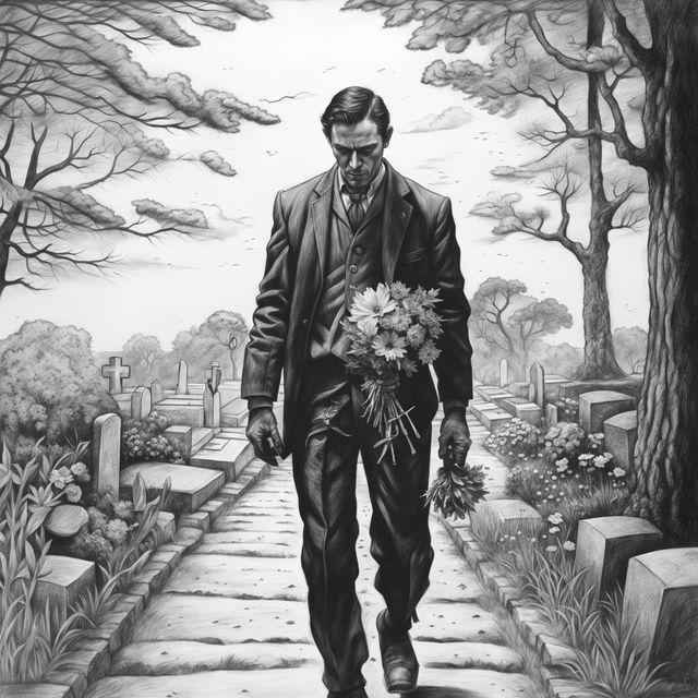 A black and white pencil drawing depicts a man carrying flowers towards a grave