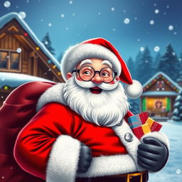 A jolly Santa Claus with a warm smile and twinkling eyes, wearing a classic red suit with white fur trim, a fluffy red hat, and large round glasses