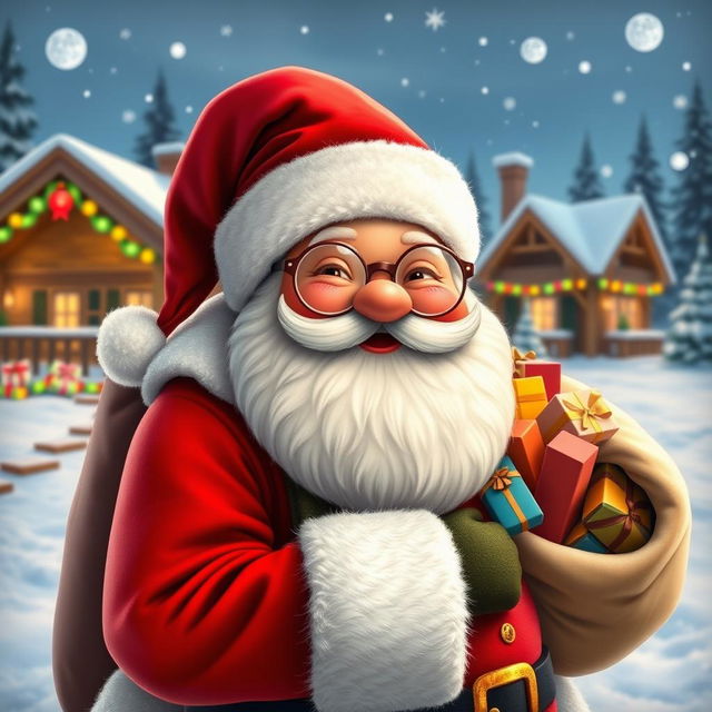 A jolly Santa Claus with a warm smile and twinkling eyes, wearing a classic red suit with white fur trim, a fluffy red hat, and large round glasses