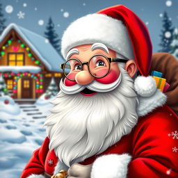 A jolly Santa Claus with a warm smile and twinkling eyes, wearing a classic red suit with white fur trim, a fluffy red hat, and large round glasses