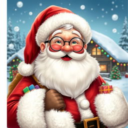 A jolly Santa Claus with a warm smile and twinkling eyes, wearing a classic red suit with white fur trim, a fluffy red hat, and large round glasses