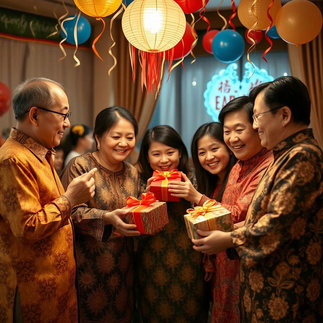 A joyful family gathering on New Year's Eve, featuring family members exchanging beautifully wrapped gifts