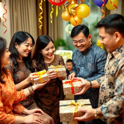 A joyful family gathering on New Year's Eve, featuring family members exchanging beautifully wrapped gifts