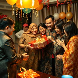 A joyful family gathering on New Year's Eve, featuring family members exchanging beautifully wrapped gifts