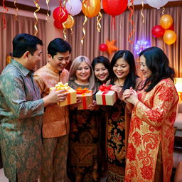 A joyful family gathering on New Year's Eve, featuring family members exchanging beautifully wrapped gifts