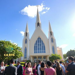 A beautiful scene featuring a striking Iglesia Ni Cristo Church, with its unique architectural style that includes a series of pointed arches, tall spires, and large glass windows