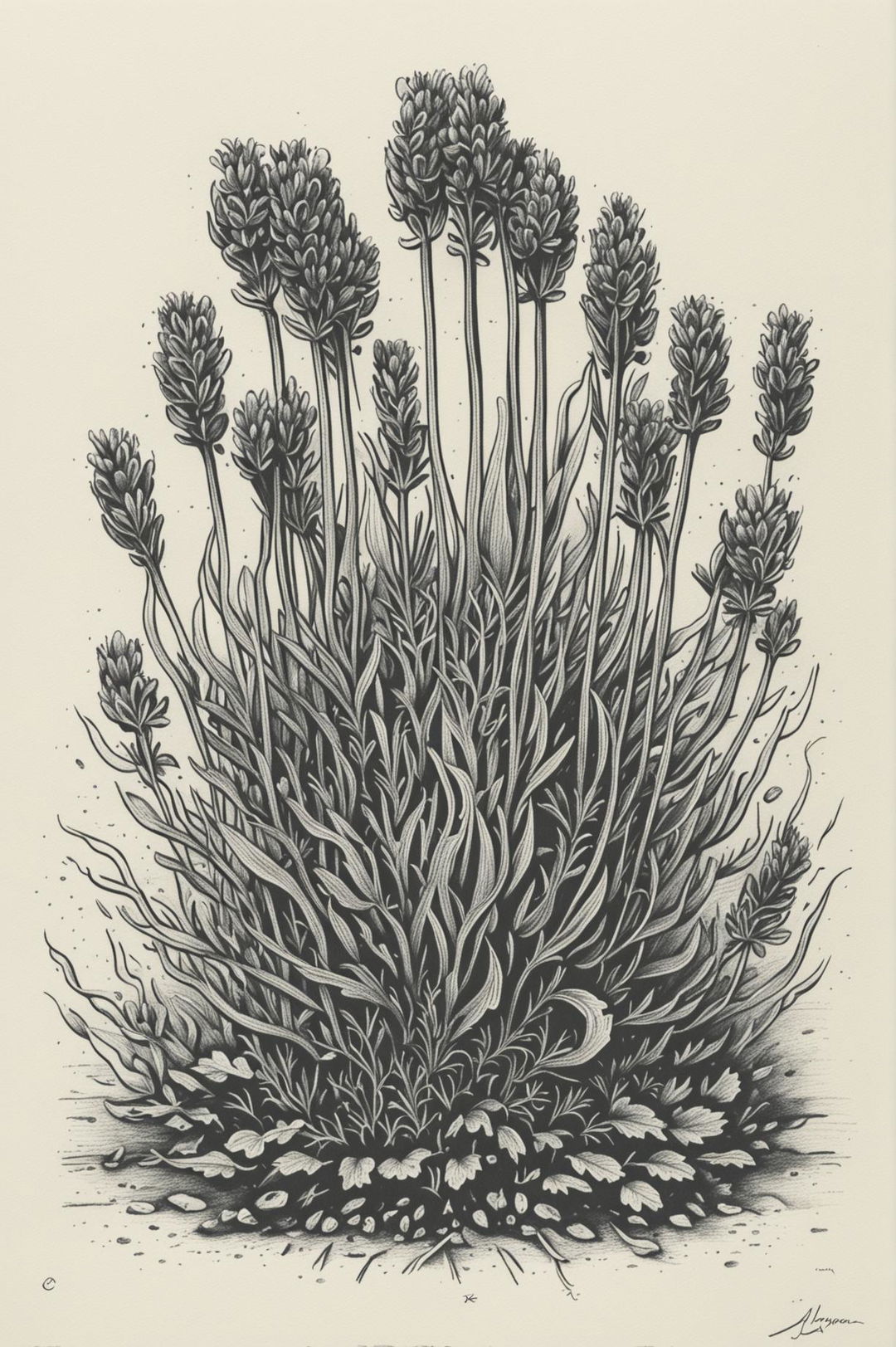 An exquisite ballpoint pen drawing of a lavender plant