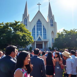 A beautiful scene featuring a striking Iglesia Ni Cristo Church, with its unique architectural style that includes a series of pointed arches, tall spires, and large glass windows