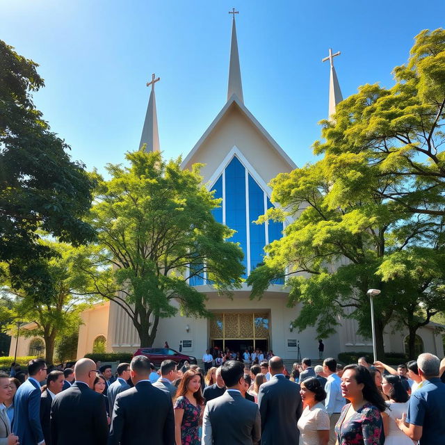 A beautiful scene featuring a striking Iglesia Ni Cristo Church, with its unique architectural style that includes a series of pointed arches, tall spires, and large glass windows