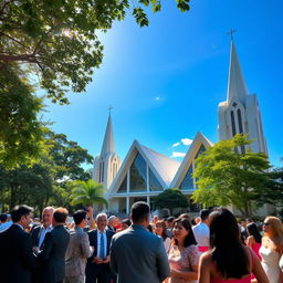 A beautiful scene featuring a striking Iglesia Ni Cristo Church, with its unique architectural style that includes a series of pointed arches, tall spires, and large glass windows