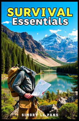 An engaging and visually striking cover for a survival book, featuring a rugged wilderness landscape