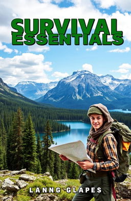 An engaging and visually striking cover for a survival book, featuring a rugged wilderness landscape