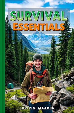 An engaging and visually striking cover for a survival book, featuring a rugged wilderness landscape