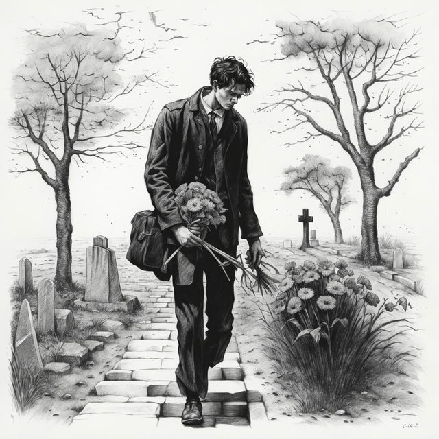 A high-quality black and white pencil drawing depicts a man carrying flowers to a grave