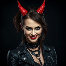A striking portrait of a woman named Norma with a bold black background, embodying a devil-inspired style