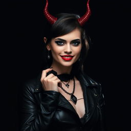 A striking portrait of a woman named Norma with a bold black background, embodying a devil-inspired style