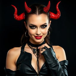 A striking portrait of a woman named Norma with a bold black background, embodying a devil-inspired style