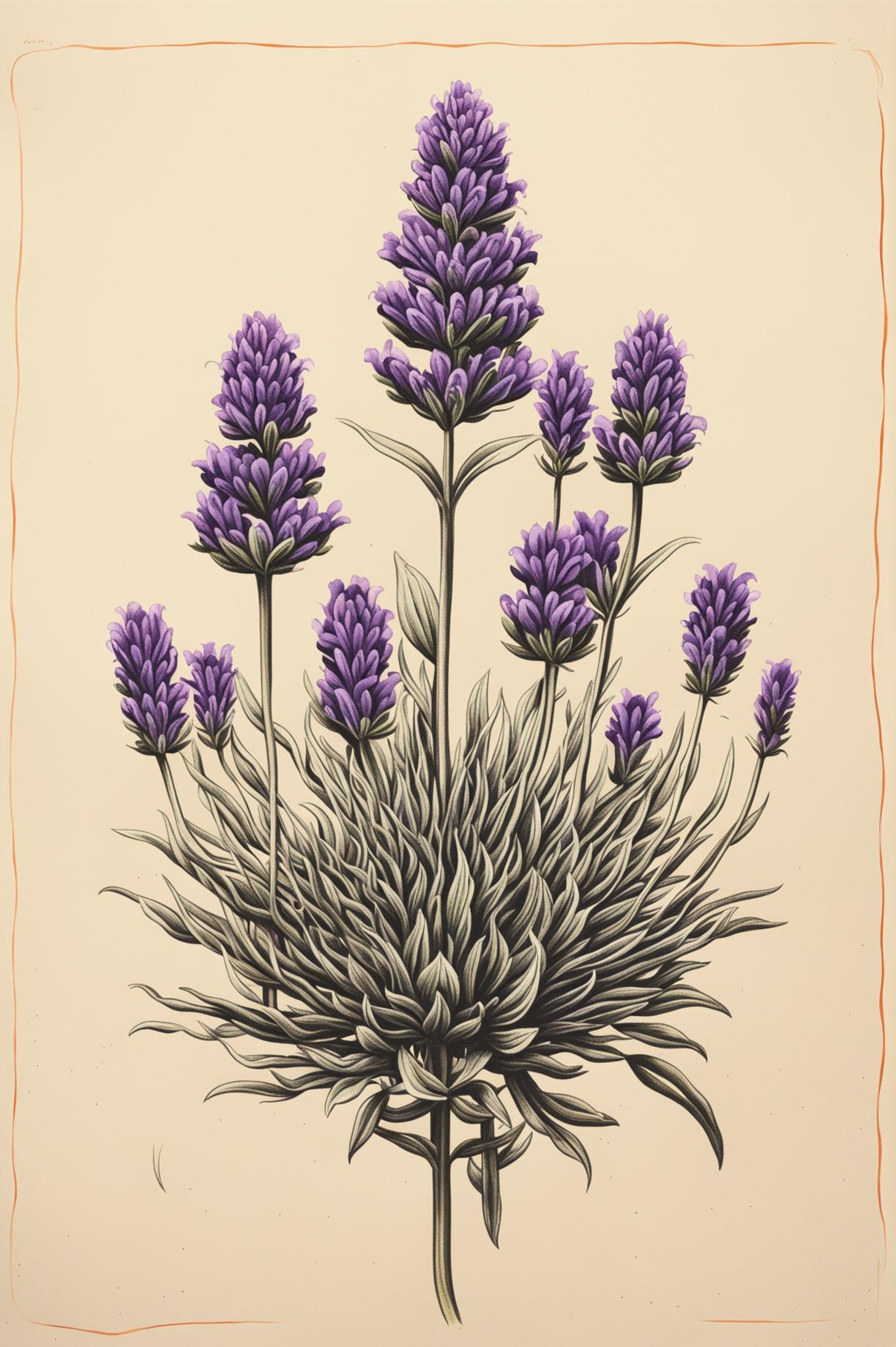 A Wes Anderson-inspired drawing of a lavender plant, characterized by its symmetry, attention to detail, and muted color palette