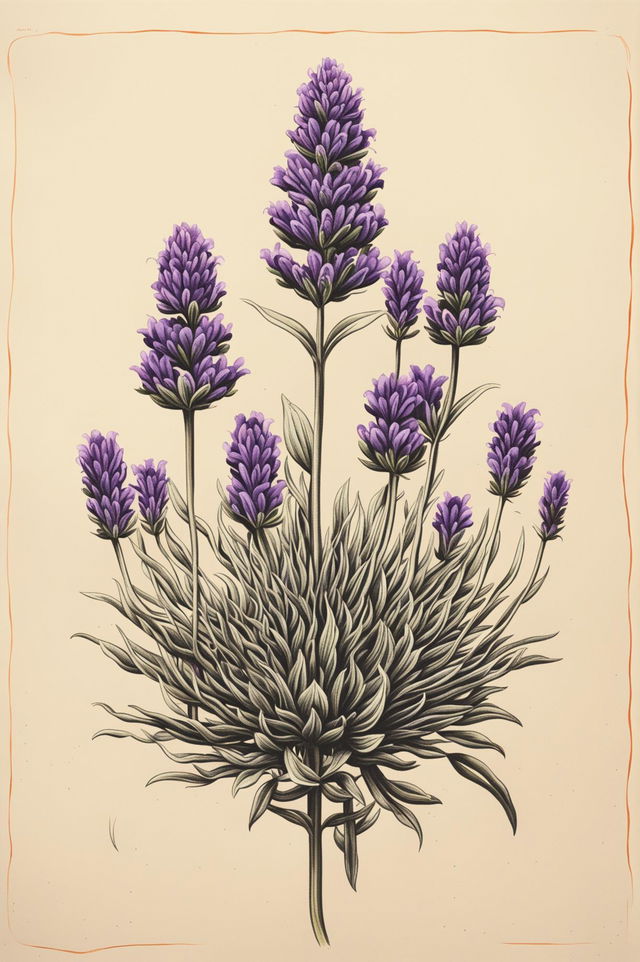 A Wes Anderson-inspired drawing of a lavender plant, characterized by its symmetry, attention to detail, and muted color palette