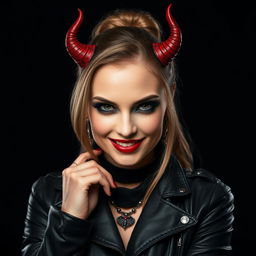 A striking portrait of a woman named Norma with a bold black background, embodying a devil-inspired style