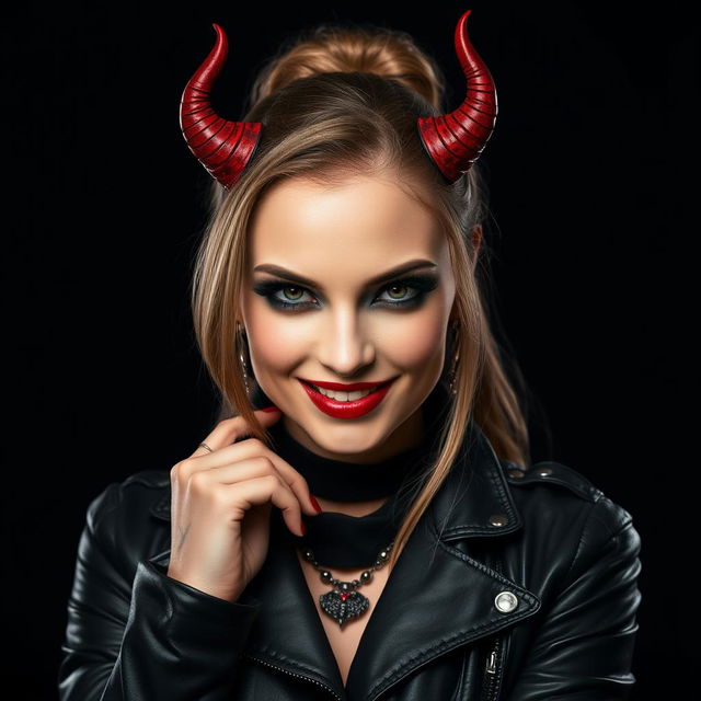 A striking portrait of a woman named Norma with a bold black background, embodying a devil-inspired style