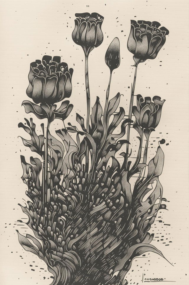 An abstract drawing of a lavender plant, featuring overlapping shapes and lines that suggest the plant's form rather than explicitly rendering it