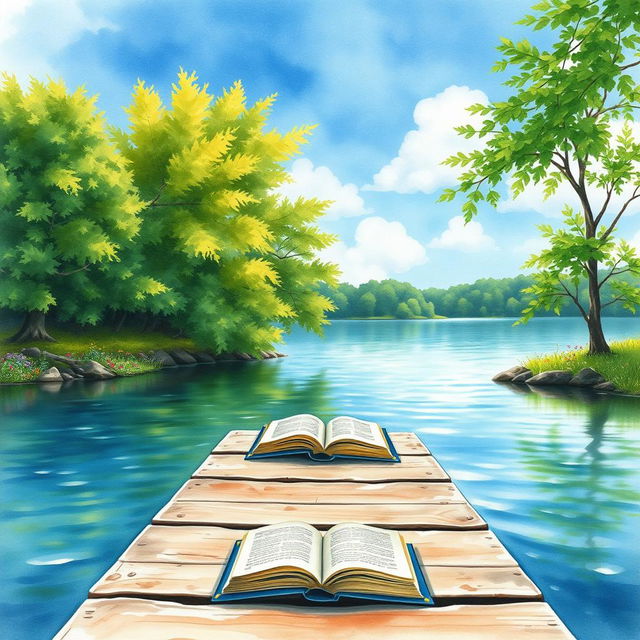 A beautiful watercolor painting of a serene lakeside scene perfect for a book cover