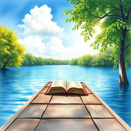 A beautiful watercolor painting of a serene lakeside scene perfect for a book cover