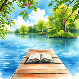 A beautiful watercolor painting of a serene lakeside scene perfect for a book cover