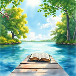A beautiful watercolor painting of a serene lakeside scene perfect for a book cover
