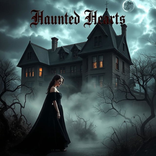 A captivating and moody scene for a dark romance book cover, depicting a mysterious gothic mansion under a stormy night sky