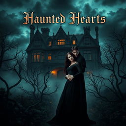 A captivating and moody scene for a dark romance book cover, depicting a mysterious gothic mansion under a stormy night sky