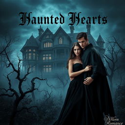 A captivating and moody scene for a dark romance book cover, depicting a mysterious gothic mansion under a stormy night sky