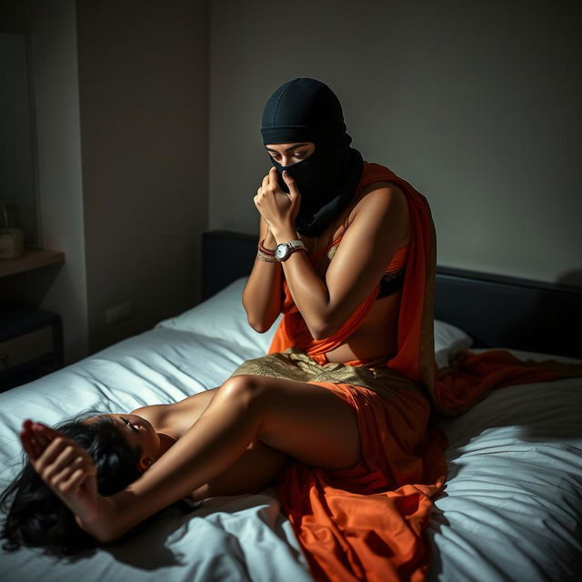 A dramatic and intense scene featuring a hot Indian woman wearing a stylish saree and a balaclava, as she is depicted choking another woman around the neck while on a bed
