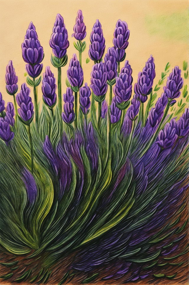 A vibrant and expressive crayon pastel drawing of a lavender plant