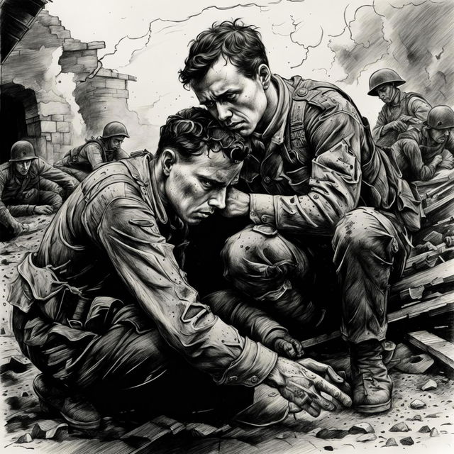 A detailed black and white pencil drawing depicting a war scene where a man is trying to save his wounded friend