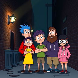 Four cartoon characters standing in a dark alley, looking confused