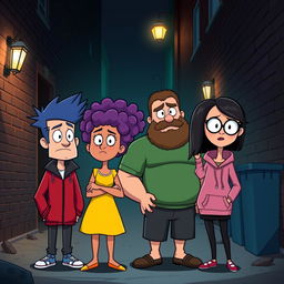 Four cartoon characters standing in a dark alley, looking confused