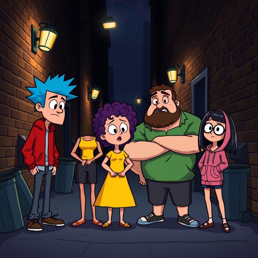 Four cartoon characters standing in a dark alley, looking confused