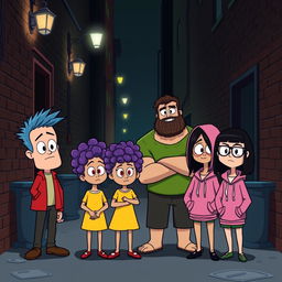 Four cartoon characters standing in a dark alley, looking confused