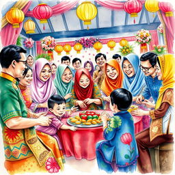 A vibrant watercolor painting depicting a joyful family gathering at a traditional Indonesian celebration