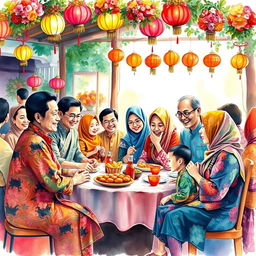 A vibrant watercolor painting depicting a joyful family gathering at a traditional Indonesian celebration