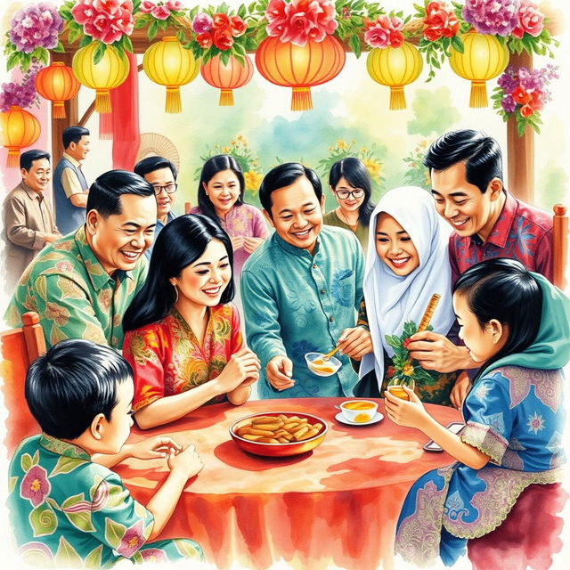 A vibrant watercolor painting depicting a joyful family gathering at a traditional Indonesian celebration