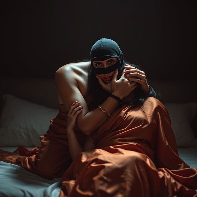 A striking and intense scene featuring a hot Indian woman dressed in an elegant saree and wearing a balaclava, as she chokes another woman around the neck while both are positioned on a luxurious bed