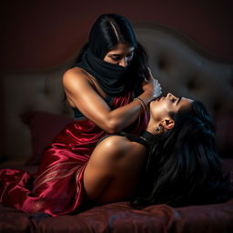 A striking and intense scene featuring a hot Indian woman dressed in an elegant saree and wearing a balaclava, as she chokes another woman around the neck while both are positioned on a luxurious bed